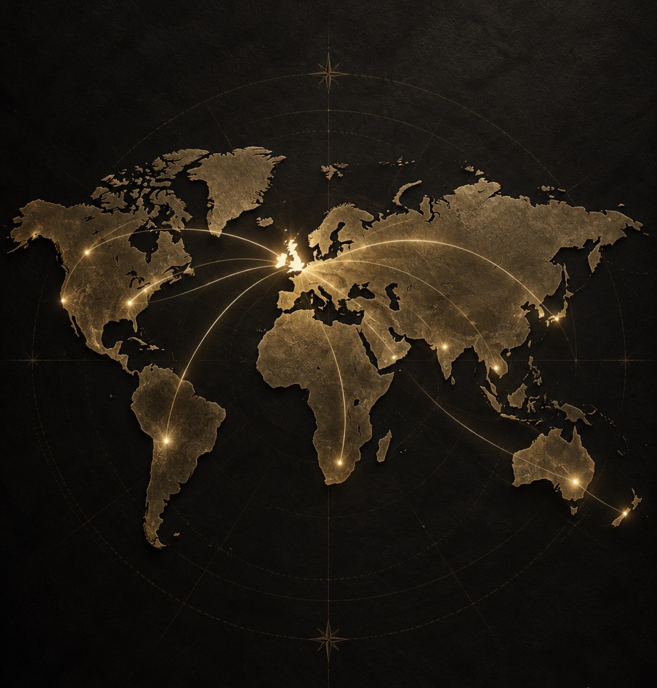 Gold world map with light routes connecting the United Kingdom to cities worldwide