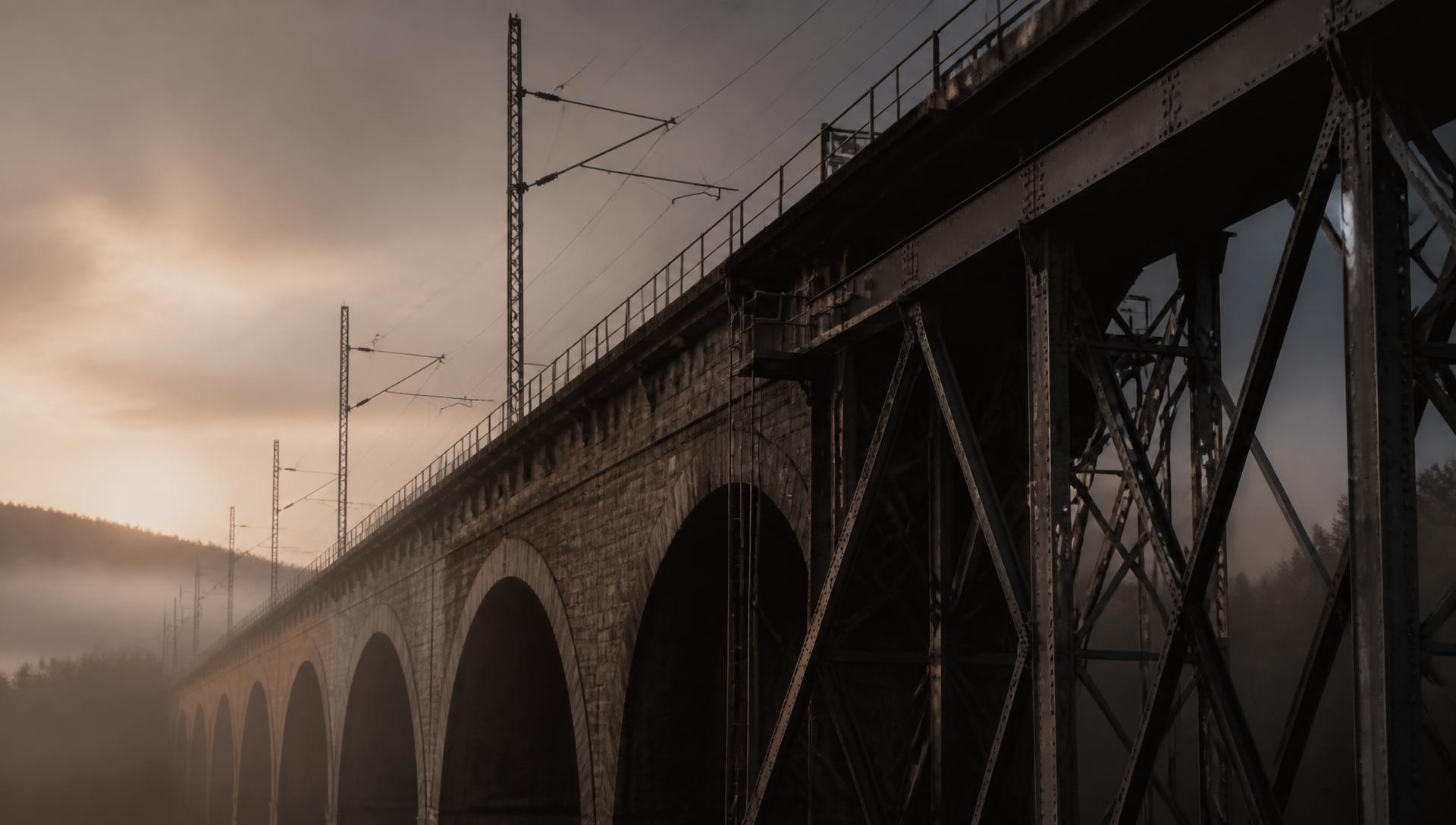 Railway viaduct in morning mist